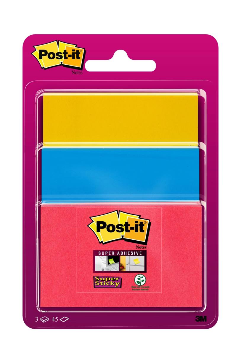 3M Post-it Super Sticky Notes 34323BYP, 3 pads van 45 vellen, klaproosrood, 48 mm x 76 mm, ultrablauw, 76 mm x 76 mm, ultrageel, 76 mm x 101 mm