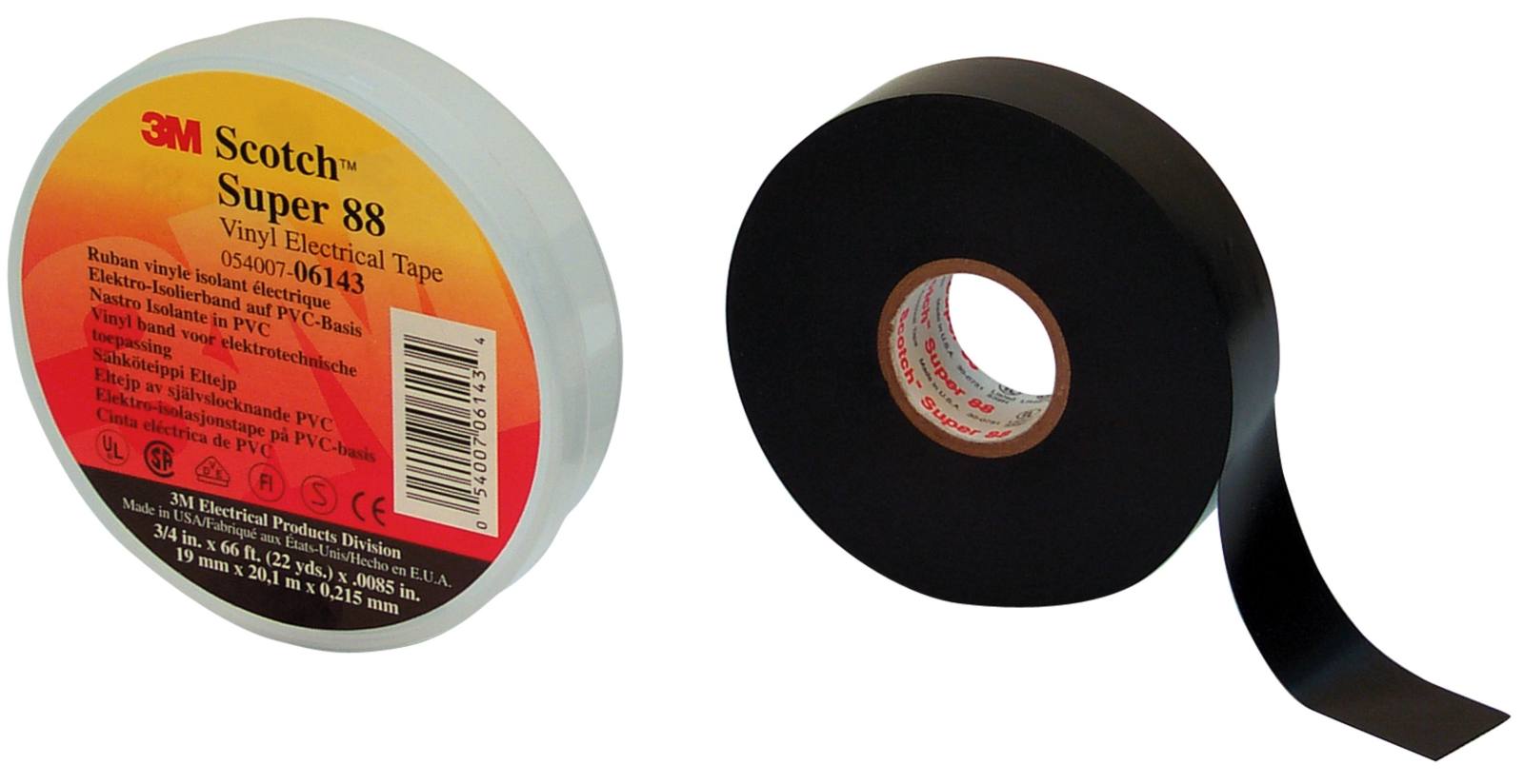 3M Scotch Super 88 Vinyl sähköeristysteippi, musta, 19 mm x 6 m, 0,22 mm, 0,22 mm.