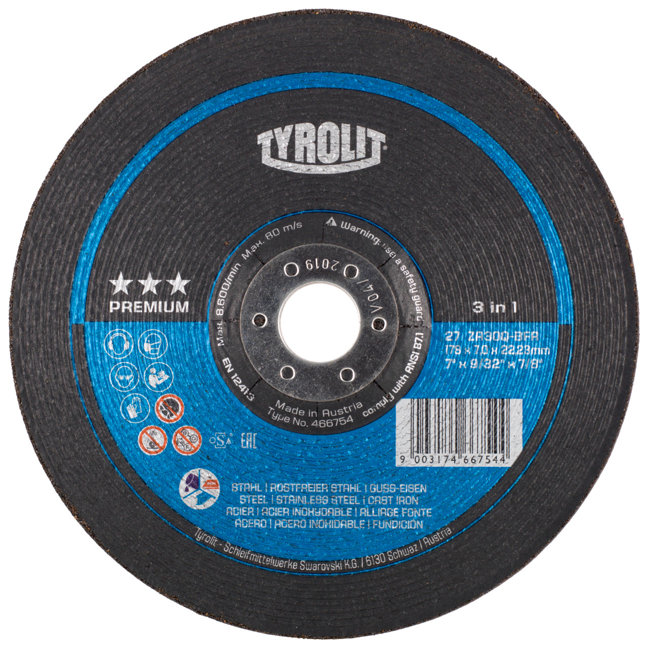 TYROLIT grinding disc DxUxH 115x7x22.23 3in1 for steel and stainless steel and cast iron, shape: 27 - offset version, Art. 466744