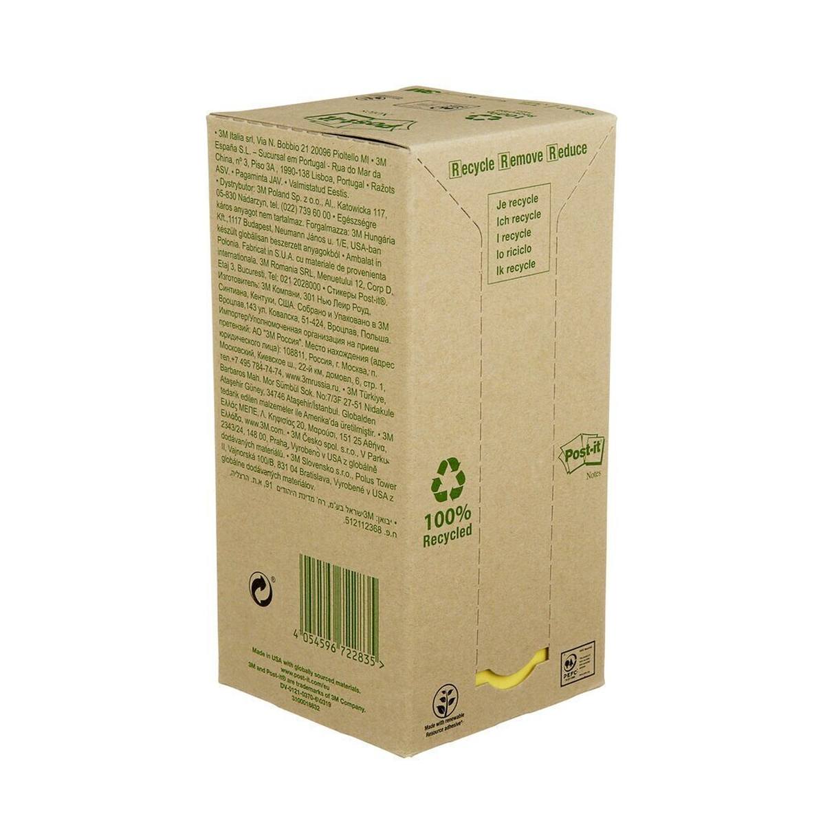3M Post-it Recycling Notes 654-1T, 76 mm x 76 mm, giallo, 16 blocchetti da 100 fogli ciascuno