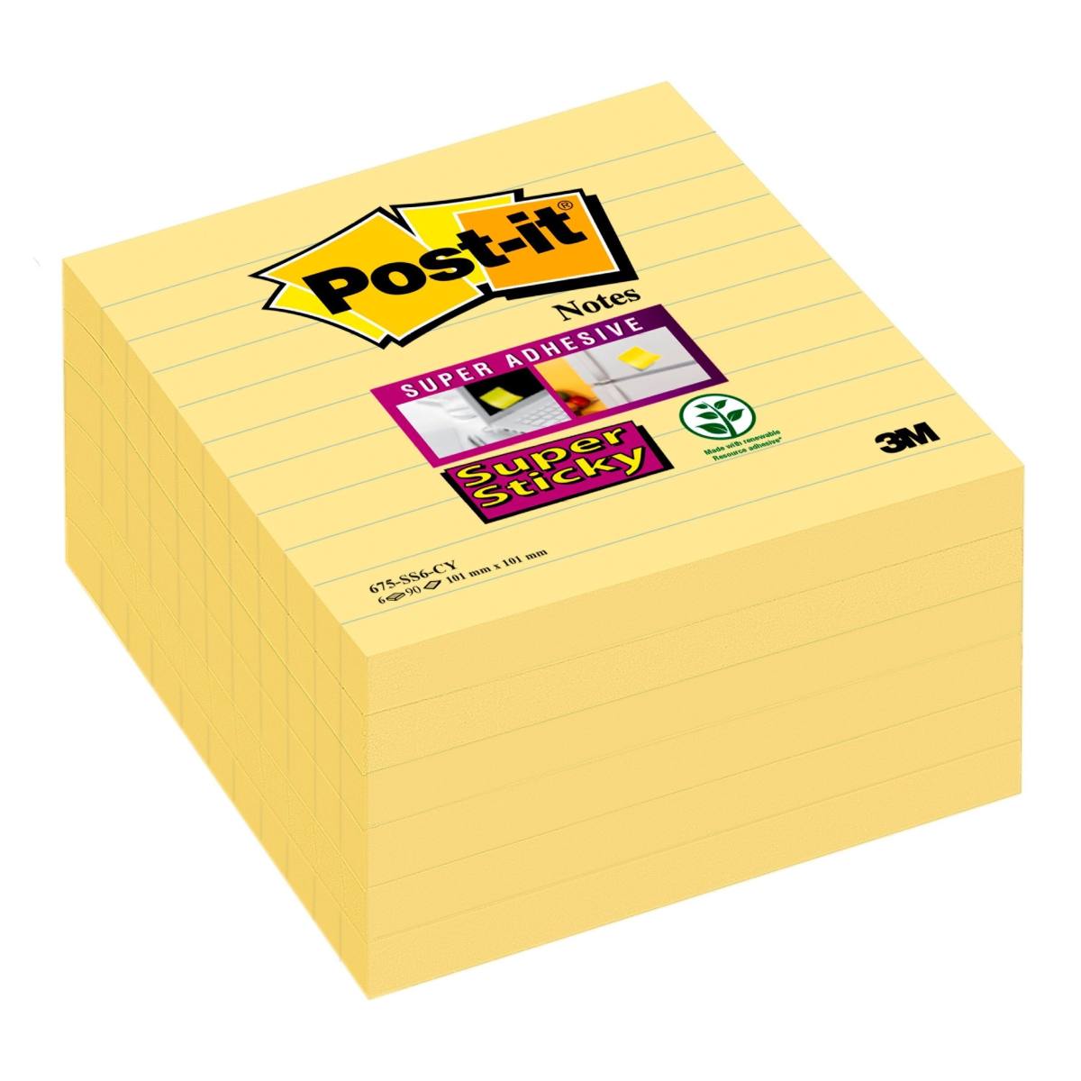 3M Post-it Super Sticky Notes 675-6SCY, 101 mm x 101 mm, geel, 6 blokken van 90 vellen elk