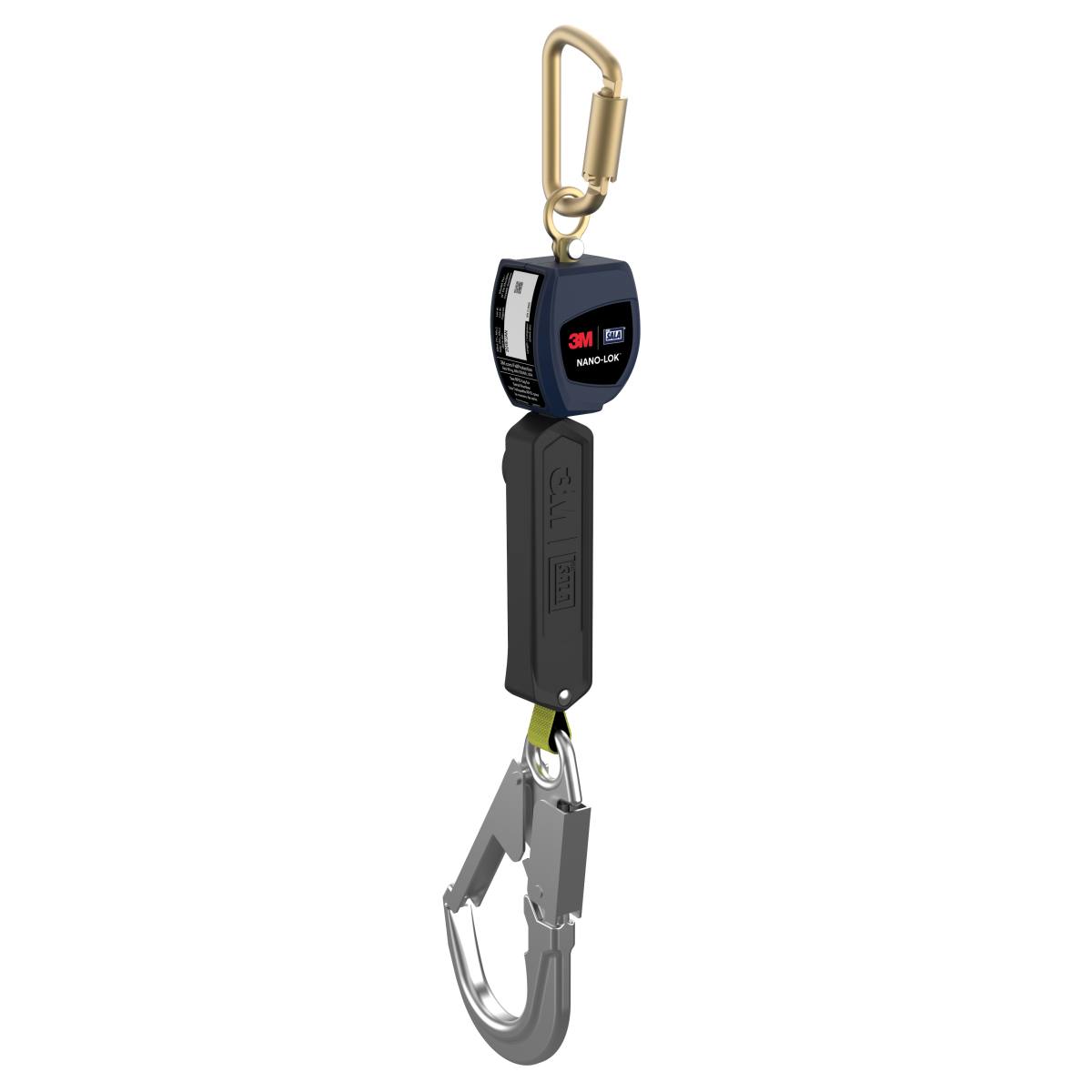 3M DBI-SALA Nano-Lok retractable type fall arrester, length: 2 m, plastic housing, steel Tri-Lock carabiner on housing opening width 19 mm, aluminum scaffold hook on webbing opening width 57 mm, 3M Connected Safety-ready RFID tag for inspection, 2.0 