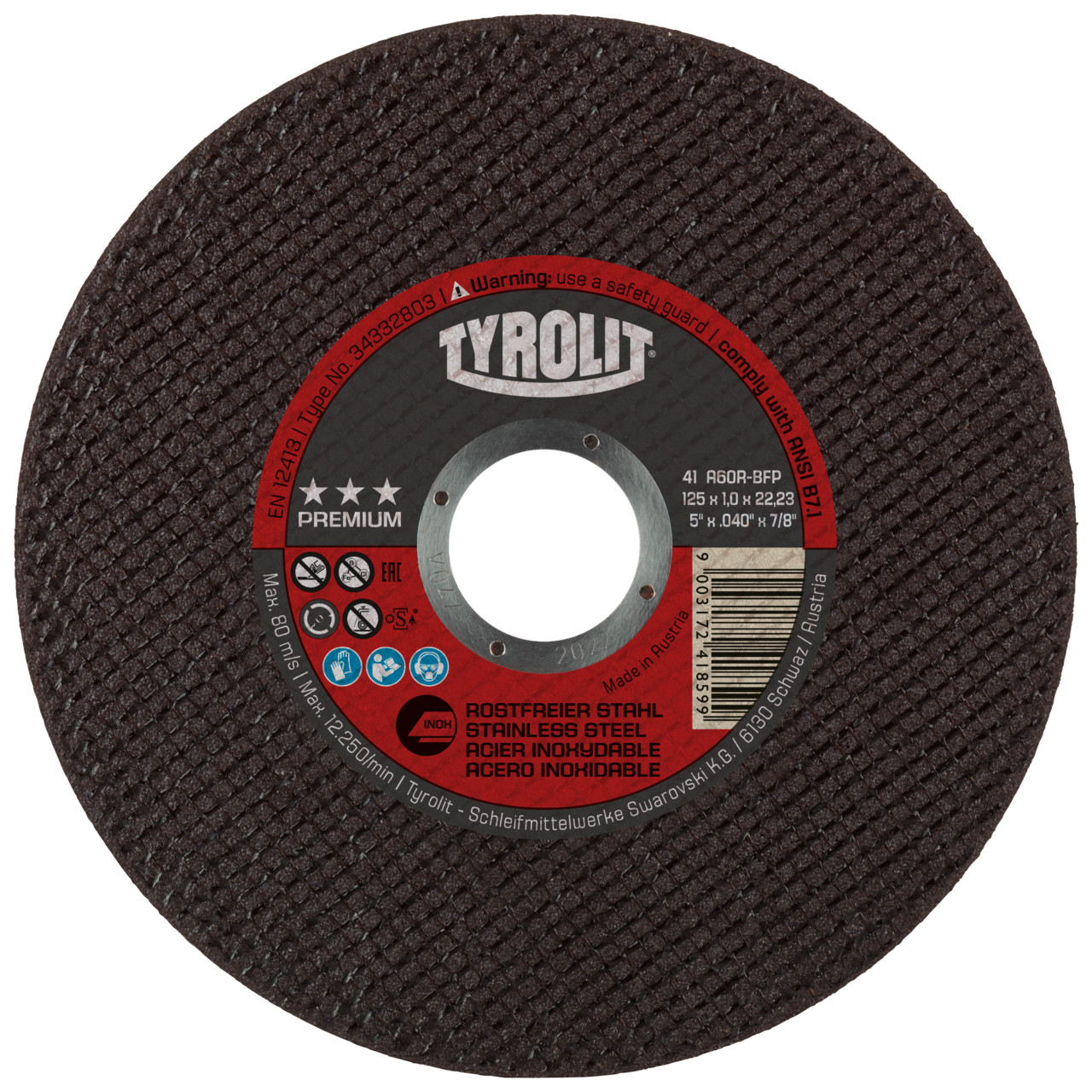 TYROLIT cut-off wheels DxDxH 125x0.75x22.23 Super-thin cut-off wheels for stainless steel, shape: 41 - straight version, Art. 34332801