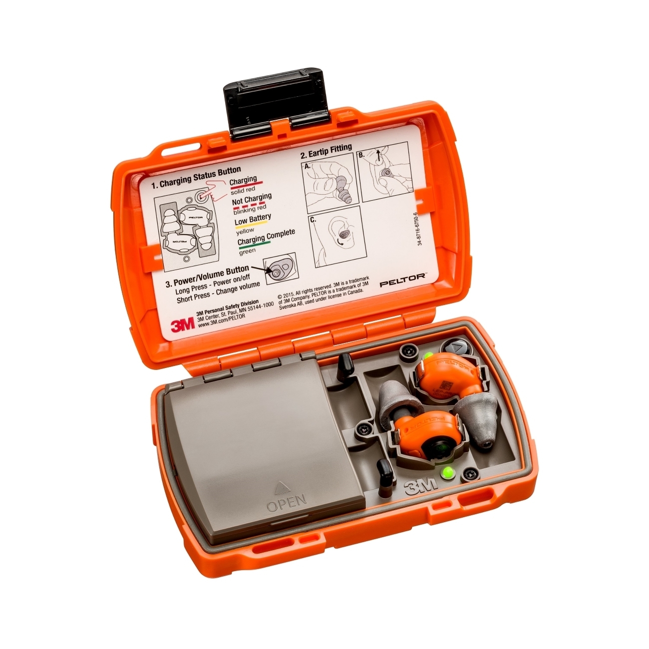 3M Peltor LEP-200 EU orange with additional antenna for cordless reception of audio signals, set: earplugs and charging station (with closed lid and USB ports) are IP-54 rated and waterproof (30 min. immersion up to 1m depth)