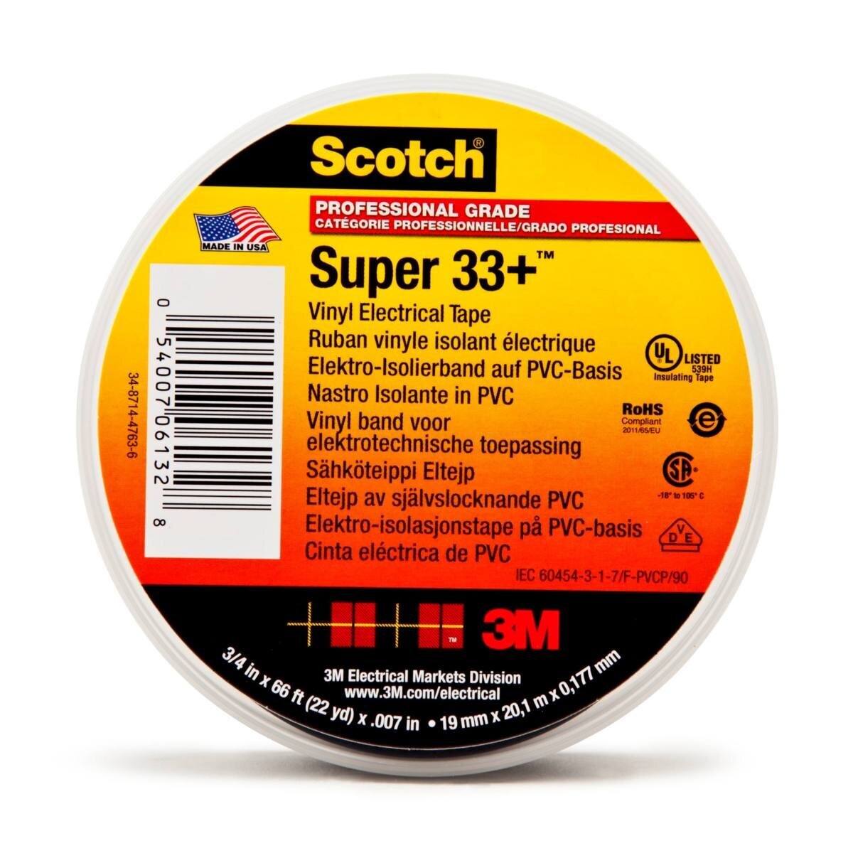 3M Scotch Super 33 Ruban électrique isolant en vinyle, noir, 19 mm x 33 m, 0,18 mm