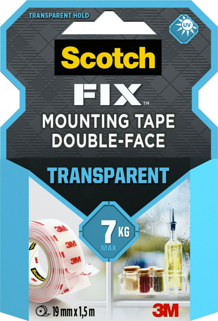 3M Scotch-Fix Cinta de montaje transparente 4910C-1915-P, 19 mm x 1,5 m, Soporta hasta 7 kg, 1 kg/20 cm
