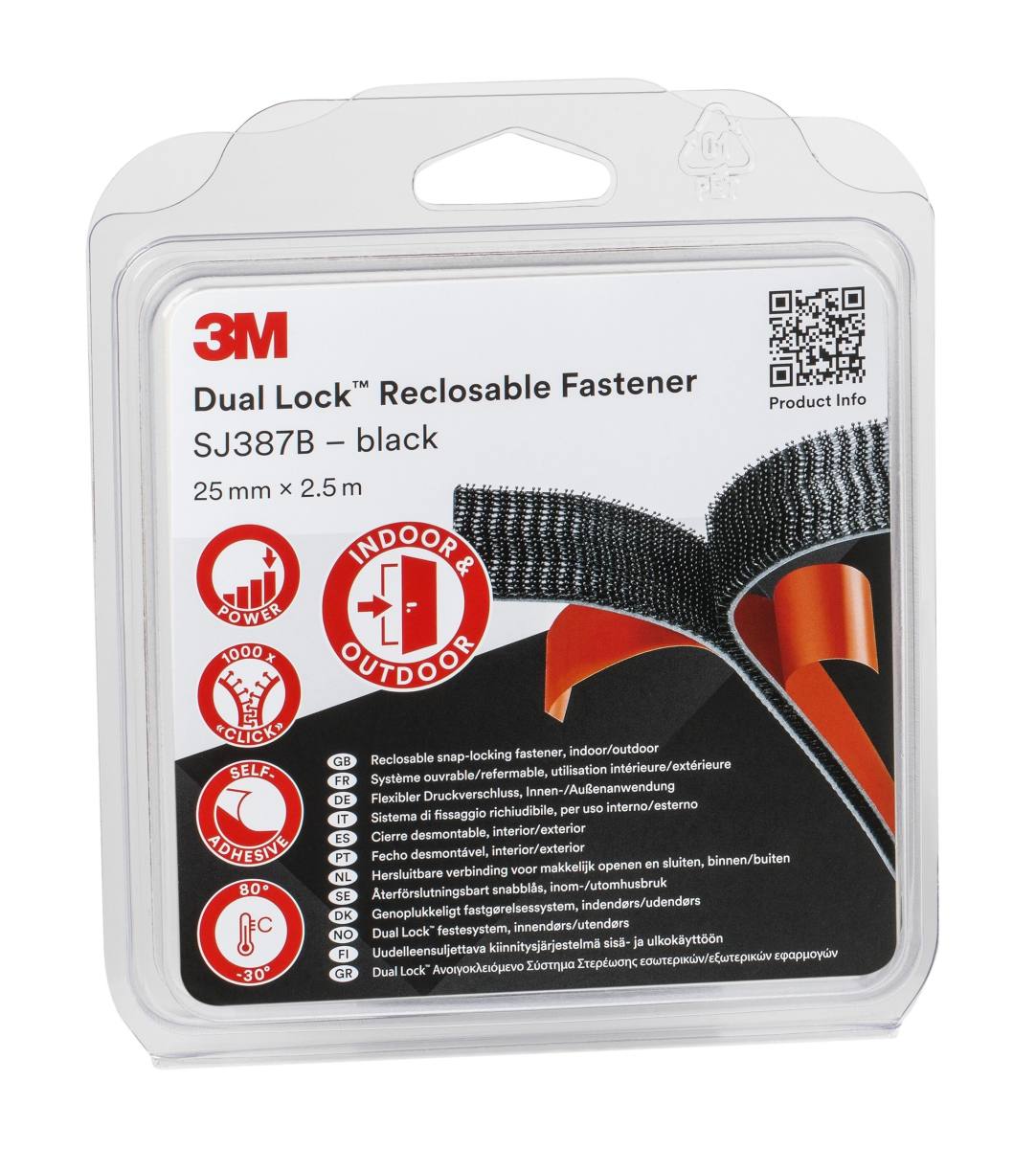 3M Dual Lock fermeture à pression flexible SJ3870, noir, 25,4 mm x 2,5 m, 6,1 mm, blister, 40 têtes/cm2