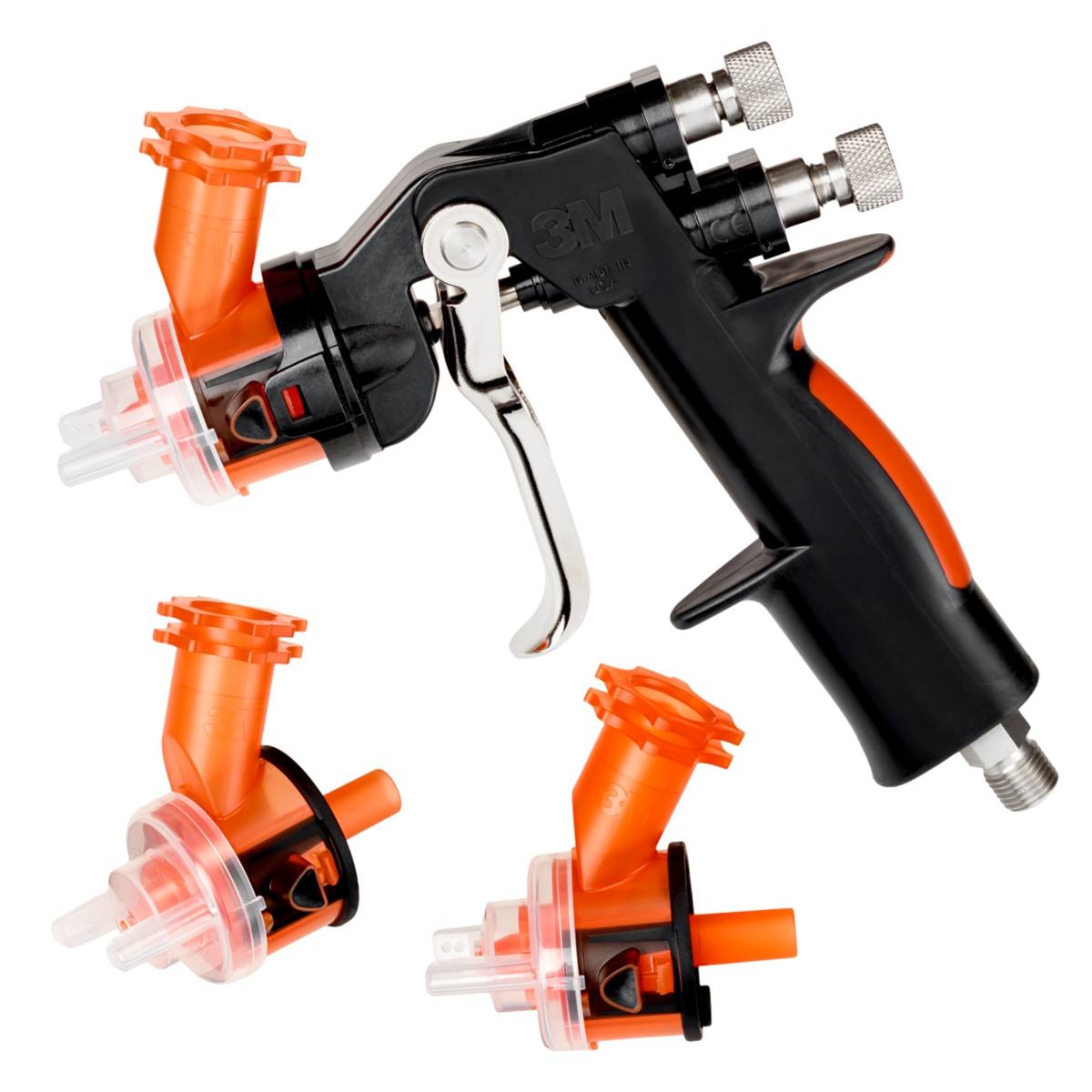 Pistolet 3M Accuspray HG14, contenu de l'emballage : 1x pistolet, 3x têtes de buses 1,4mm orange 16612, 1x manomètre #16577