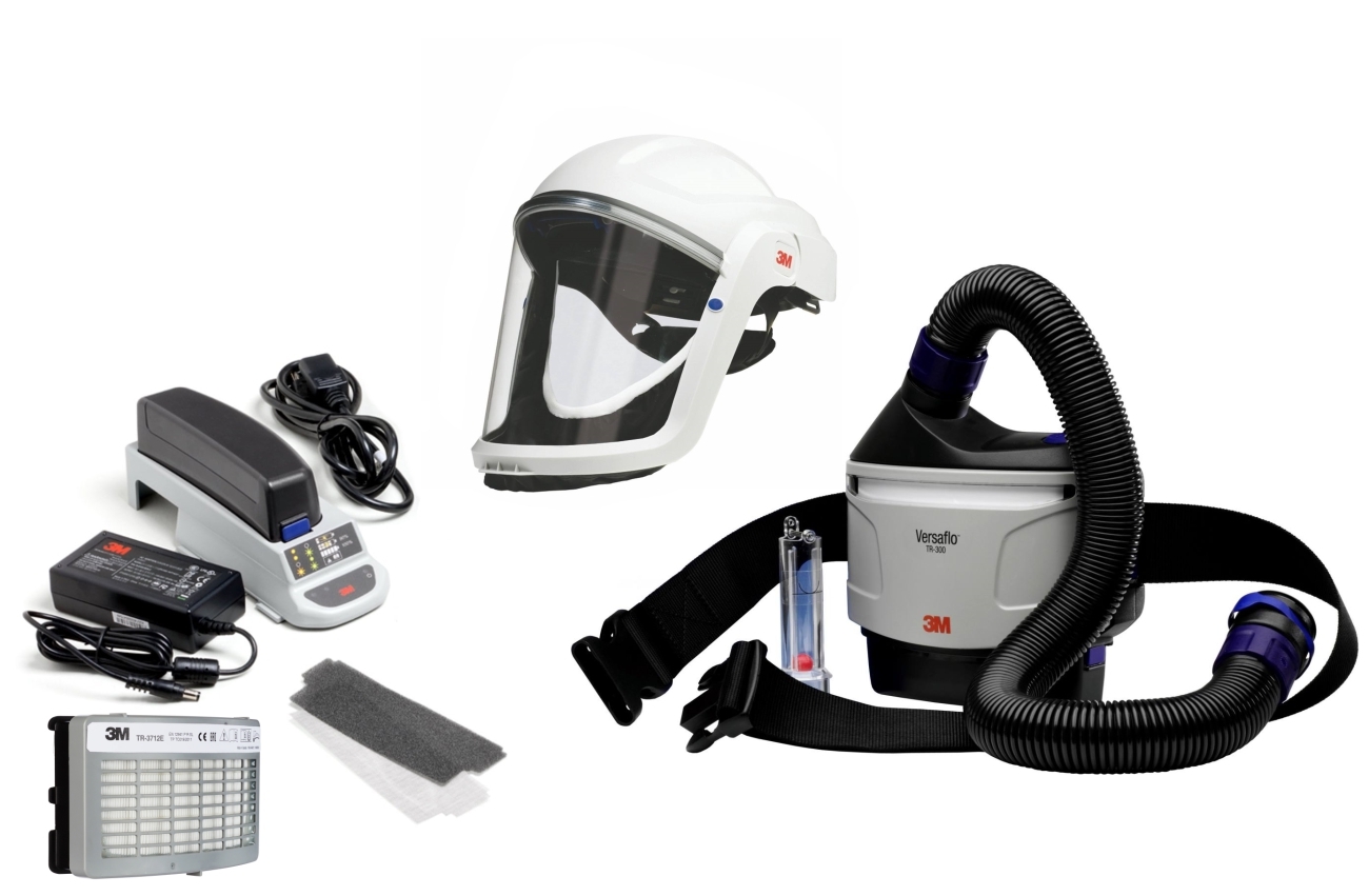 3M TR-315E+ Versaflo starter pack include TR-302E, accessori e casco di sicurezza 3M Versaflo M207 con guarnizione facciale ignifuga e visiera in policarbonato, trasparente